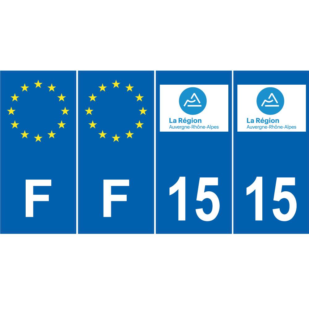 Lot de 4 autocollants bleu 15 CANTAL Auvergne-Rhône-Alpes - F Europe nouvelles régions plaque immatriculation voiture sticker