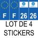 Lot de 4 autocollants bleu 26 DROME Auvergne-Rhône-Alpes - F Europe nouvelles régions plaque immatriculation voiture sticker