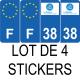 Lot de 4 autocollants bleu 38 ISERE Auvergne-Rhône-Alpes - F Europe nouvelles régions plaque immatriculation voiture sticker