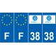 Lot de 4 autocollants bleu 38 ISERE Auvergne-Rhône-Alpes - F Europe nouvelles régions plaque immatriculation voiture sticker