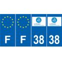 Lot de 4 autocollants bleu 38 ISERE Auvergne-Rhône-Alpes - F Europe nouvelles régions plaque immatriculation voiture sticker