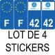 Lot de 4 autocollants bleu 42 LOIRE Auvergne-Rhône-Alpes - F Europe nouvelles régions plaque immatriculation voiture sticker