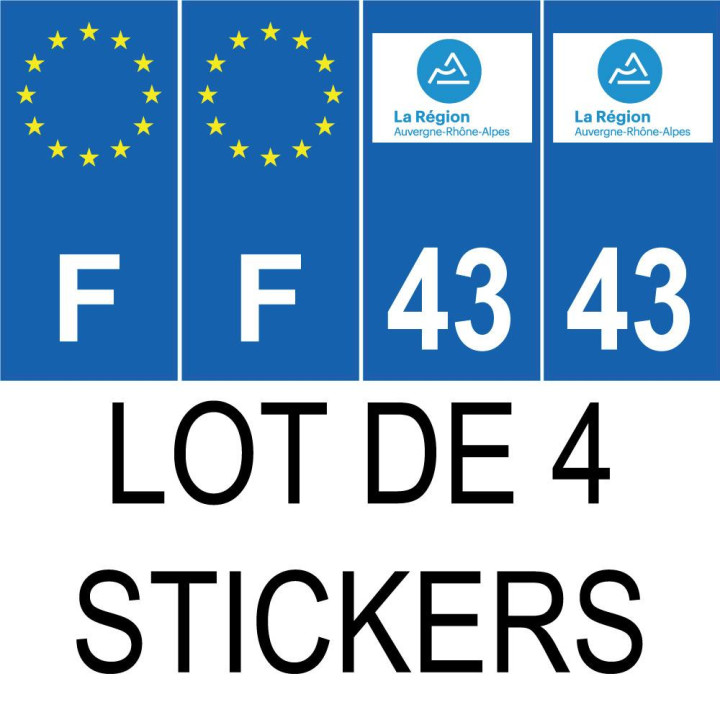 Lot de 4 autocollants bleu 43 HAUTE LOIRE Auvergne-Rhône-Alpes - F Europe nouvelles régions plaque immatriculation voiture