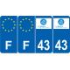 Lot de 4 autocollants bleu 43 HAUTE LOIRE Auvergne-Rhône-Alpes - F Europe nouvelles régions plaque immatriculation voiture