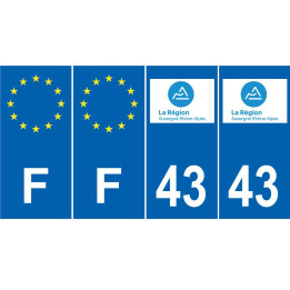 Lot de 4 autocollants bleu 43 HAUTE LOIRE Auvergne-Rhône-Alpes - F Europe nouvelles régions plaque immatriculation voiture