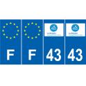 Lot de 4 autocollants bleu 43 HAUTE LOIRE Auvergne-Rhône-Alpes - F Europe nouvelles régions plaque immatriculation voiture