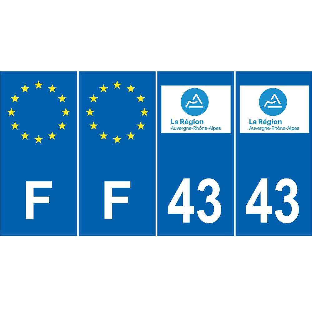 Lot de 4 autocollants bleu 43 HAUTE LOIRE Auvergne-Rhône-Alpes - F Europe nouvelles régions plaque immatriculation voiture