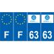 Lot de 4 autocollants bleu 63 PUY-DE-DOME Auvergne-Rhône-Alpes - F Europe nouvelles régions plaque immatriculation voiture