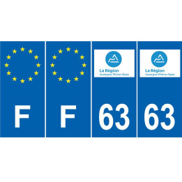 Lot de 4 autocollants bleu 63 PUY-DE-DOME Auvergne-Rhône-Alpes - F Europe nouvelles régions plaque immatriculation voiture