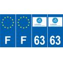 Lot de 4 autocollants bleu 63 PUY-DE-DOME Auvergne-Rhône-Alpes - F Europe nouvelles régions plaque immatriculation voiture