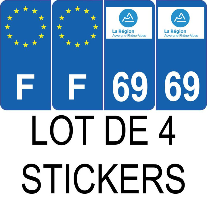 Lot de 4 autocollants bleu 69 RHONE Auvergne-Rhône-Alpes - F Europe nouvelles régions plaque immatriculation voiture sticker