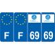 Lot de 4 autocollants bleu 69 RHONE Auvergne-Rhône-Alpes - F Europe nouvelles régions plaque immatriculation voiture sticker