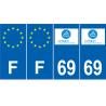 Lot de 4 autocollants bleu 69 RHONE Auvergne-Rhône-Alpes - F Europe nouvelles régions plaque immatriculation voiture sticker