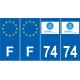 Lot de 4 autocollants bleu 74 HAUTE SAVOIE Auvergne-Rhône-Alpes - F Europe nouvelles régions plaque immatriculation voiture