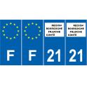 Lot de 4 autocollants bleu 21 COTE-D'OR Bourgogne-Franche-Comté - F Europe nouvelles régions plaque immatriculation voiture