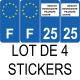 Lot de 4 autocollants bleu 25 DOUBS Bourgogne-Franche-Comté - F Europe nouvelles régions plaque immatriculation voiture