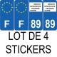 Lot de 4 autocollants bleu 89 YONNE Bourgogne-Franche-Comté - F Europe nouvelles régions plaque immatriculation voiture sticker