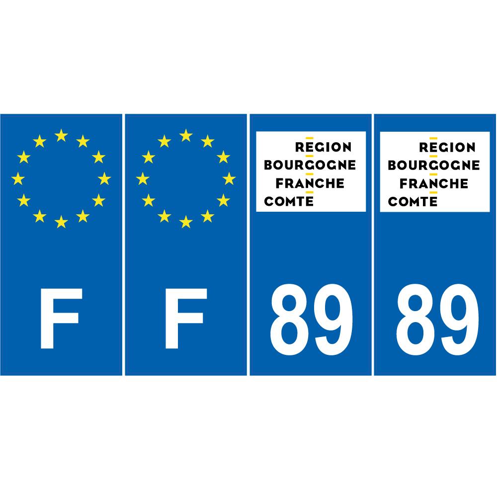 Lot de 4 autocollants bleu 89 YONNE Bourgogne-Franche-Comté - F Europe nouvelles régions plaque immatriculation voiture sticker