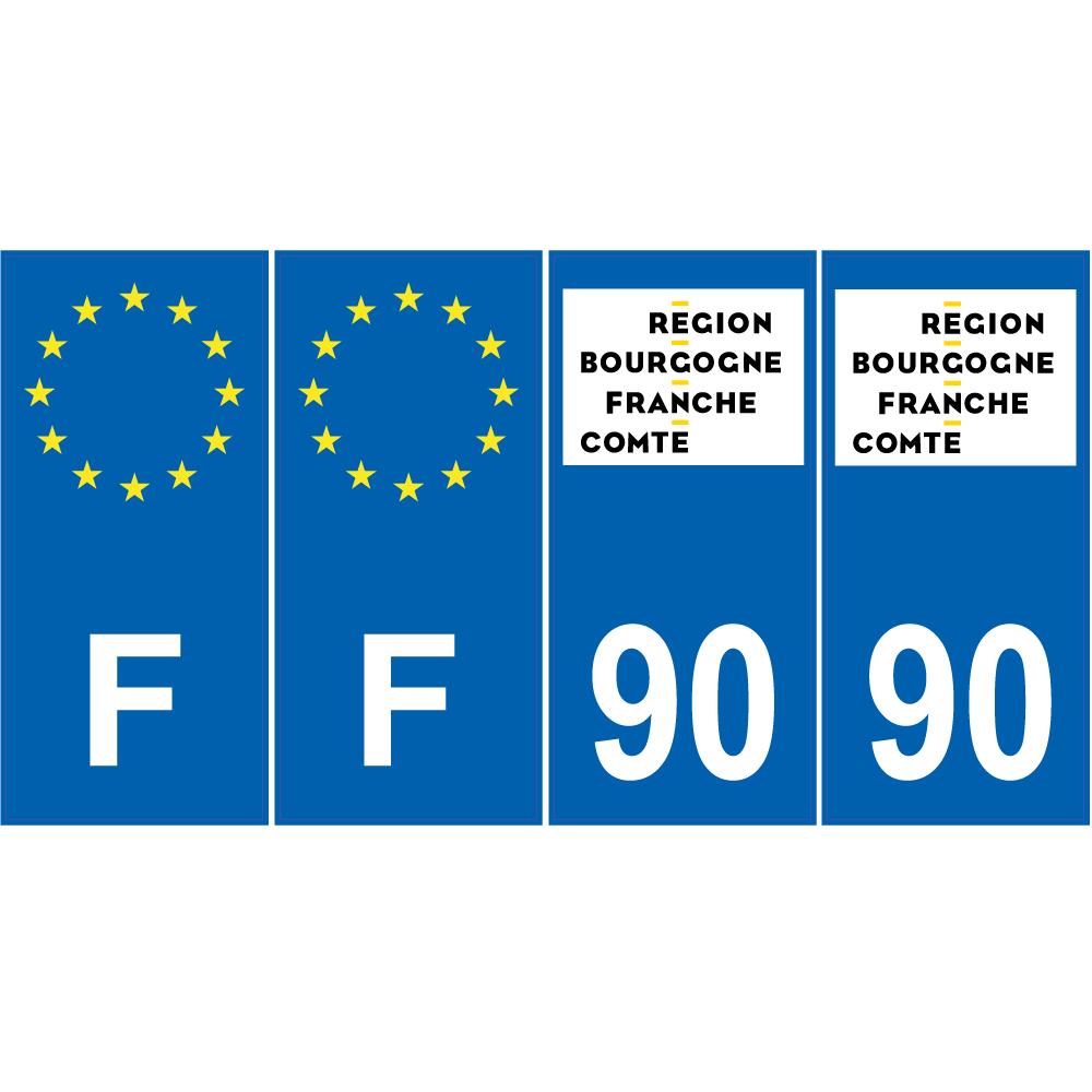 Lot de 4 autocollants bleu 90 TERRITOIRE DE BELFORT Bourgogne-Franche-Comté - F Europe nouvelles régions plaque immatriculation