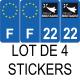 Lot de 4 autocollants bleu 22 COTES D'AMOR Bretagne - F Europe nouvelles régions plaque immatriculation auto voiture sticker