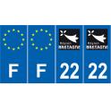 Lot de 4 autocollants bleu 22 COTES D'AMOR Bretagne - F Europe nouvelles régions plaque immatriculation auto voiture sticker