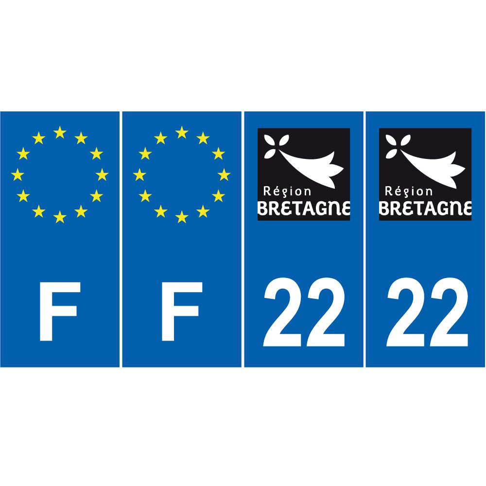 Lot de 4 autocollants bleu 22 COTES D'AMOR Bretagne - F Europe nouvelles régions plaque immatriculation auto voiture sticker