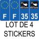 Lot de 4 autocollants bleu 35 ILLE-ET-VILAINE Bretagne - F Europe nouvelles régions plaque immatriculation auto voiture sticker