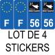 Lot de 4 autocollants bleu 56 MORBIHAN Bretagne - F Europe nouvelles régions plaque immatriculation auto voiture sticker