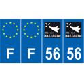 Lot de 4 autocollants bleu 56 MORBIHAN Bretagne - F Europe nouvelles régions plaque immatriculation auto voiture sticker