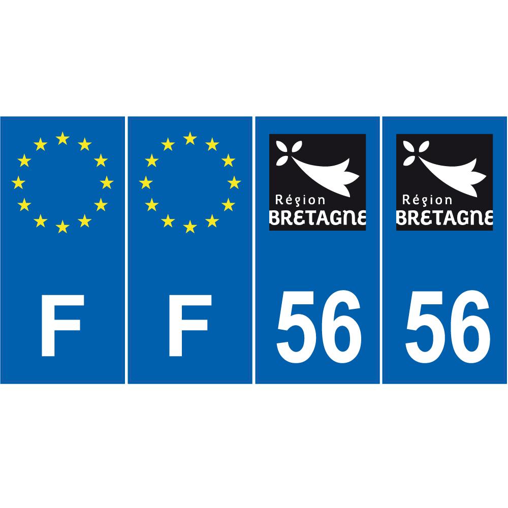 Lot de 4 autocollants bleu 56 MORBIHAN Bretagne - F Europe nouvelles régions plaque immatriculation auto voiture sticker