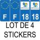 Lot de 4 autocollants bleu 18 CHER Centre-Val de Loire - F Europe nouvelles régions plaque immatriculation auto voiture sticker