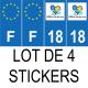 Lot de 4 autocollants bleu 18 CHER Centre-Val de Loire - F Europe nouvelles régions plaque immatriculation auto voiture sticker