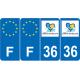 Lot de 4 autocollants bleu 36 INDRE Centre-Val de Loire - F Europe nouvelles régions plaque immatriculation auto voiture sticker