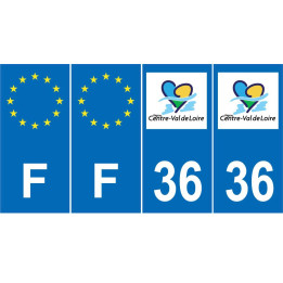 Lot de 4 autocollants bleu 36 INDRE Centre-Val de Loire - F Europe nouvelles régions plaque immatriculation auto voiture sticker