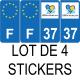 Lot de 4 autocollants bleu 37 INDRE-ET-LOIRE Centre-Val de Loire - F Europe nouvelles régions plaque immatriculation voiture