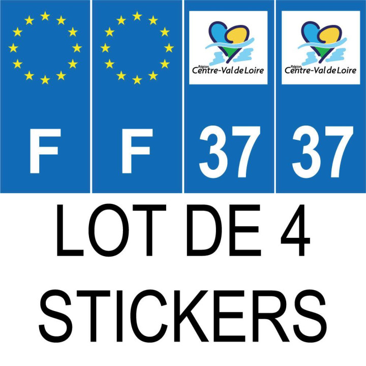Lot de 4 autocollants bleu 37 INDRE-ET-LOIRE Centre-Val de Loire - F Europe nouvelles régions plaque immatriculation voiture