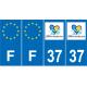 Lot de 4 autocollants bleu 37 INDRE-ET-LOIRE Centre-Val de Loire - F Europe nouvelles régions plaque immatriculation voiture