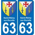 63 Saint-Rémy-sur-Durolle escudo de armas de la etiqueta engomada de la placa de pegatinas de la ciudad