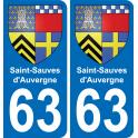 63 Saint-Sauves-d'Auvergne escudo de armas de la etiqueta engomada de la placa de pegatinas de la ciudad