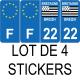 Lot de 4 autocollants bleu 22 COTES D'AMOR Drapeau Bretagne - F Europe nouvelles régions plaque immatriculation voiture sticker