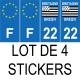 Lot de 4 autocollants bleu 22 COTES D'AMOR Drapeau Bretagne - F Europe nouvelles régions plaque immatriculation voiture sticker