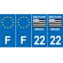 Lot de 4 autocollants bleu 22 COTES D'AMOR Drapeau Bretagne - F Europe nouvelles régions plaque immatriculation voiture sticker