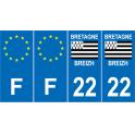 Lot de 4 autocollants bleu 22 COTES D'AMOR Drapeau Bretagne - F Europe nouvelles régions plaque immatriculation voiture sticker