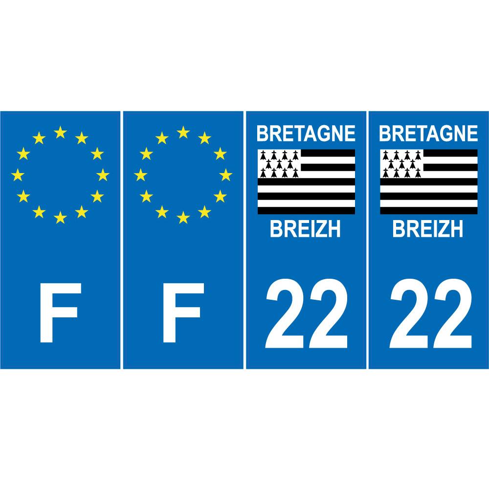 Lot de 4 autocollants bleu 22 COTES D'AMOR Drapeau Bretagne - F Europe nouvelles régions plaque immatriculation voiture sticker