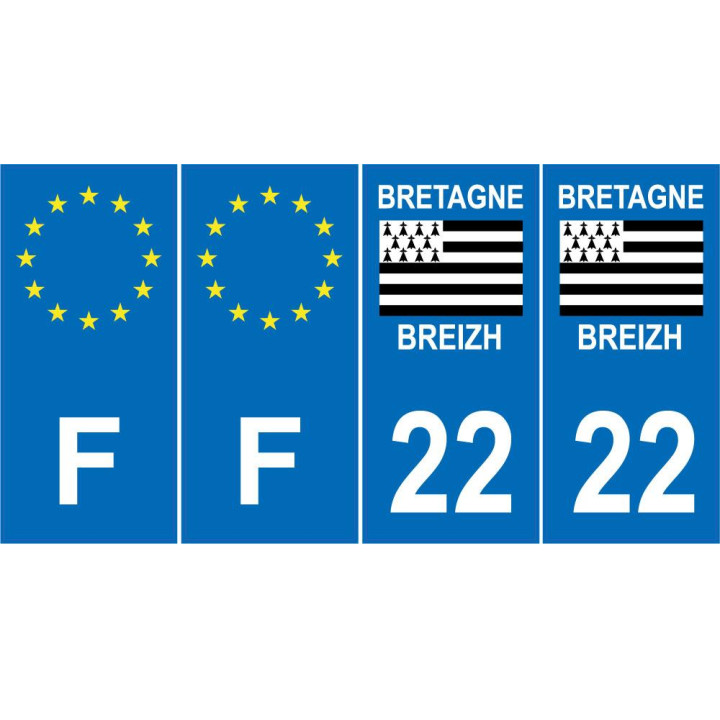 Lot de 4 autocollants bleu 22 COTES D'AMOR Drapeau Bretagne - F Europe nouvelles régions plaque immatriculation voiture sticker