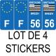Lot de 4 autocollants bleu 56 MORBIHAN Drapeau Bretagne - F Europe nouvelles régions plaque immatriculation voiture sticker