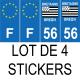 Lot de 4 autocollants bleu 56 MORBIHAN Drapeau Bretagne - F Europe nouvelles régions plaque immatriculation voiture sticker