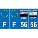 Lot de 4 autocollants bleu 56 MORBIHAN Drapeau Bretagne - F Europe nouvelles régions plaque immatriculation voiture sticker