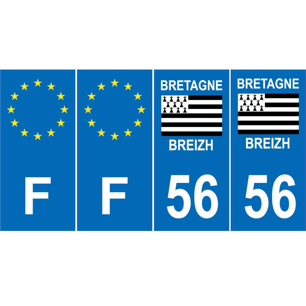 Lot de 4 autocollants bleu 56 MORBIHAN Drapeau Bretagne - F Europe nouvelles régions plaque immatriculation voiture sticker