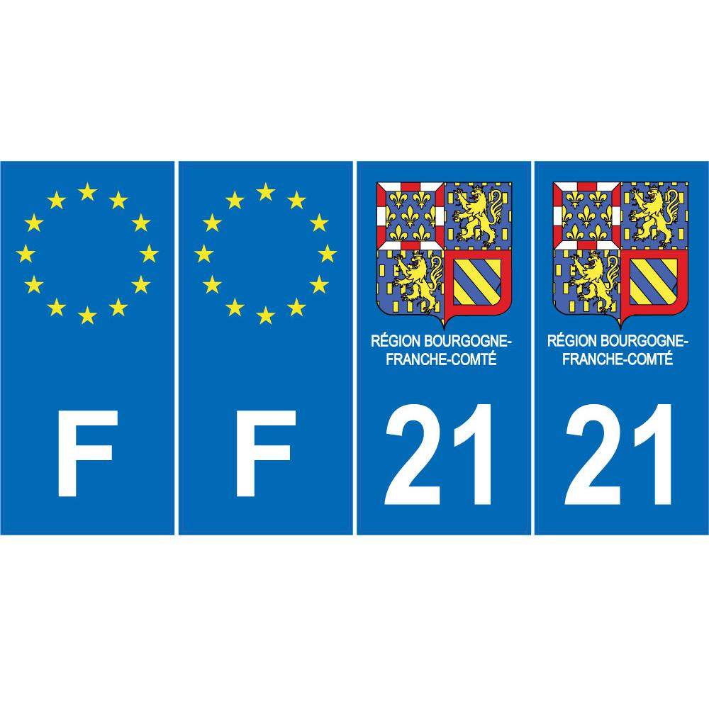Lot de 4 autocollants bleu 21 COTE-D'OR Drapeau Bourgogne-Franche-Comté - F Europe nouvelles régions immatriculation sticker